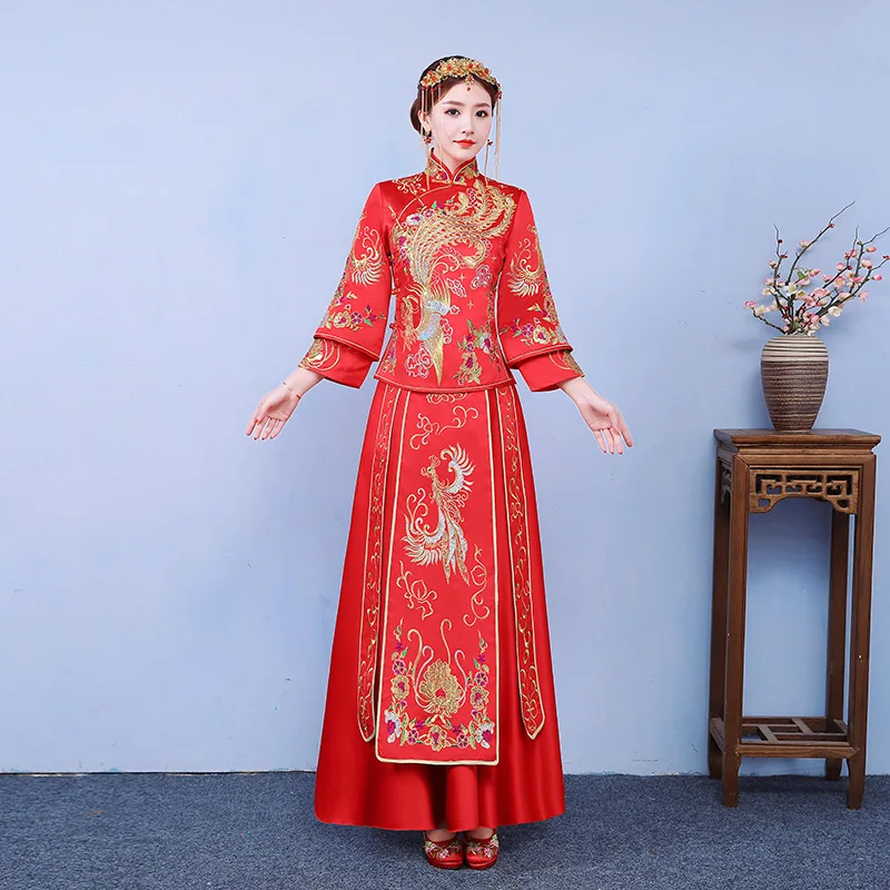 Красный невесты cheongsam Винтаж китайский стиль свадебное вечернее платье одежда вышивка Феникс костюм Ципао Vestidos Размер s-xl