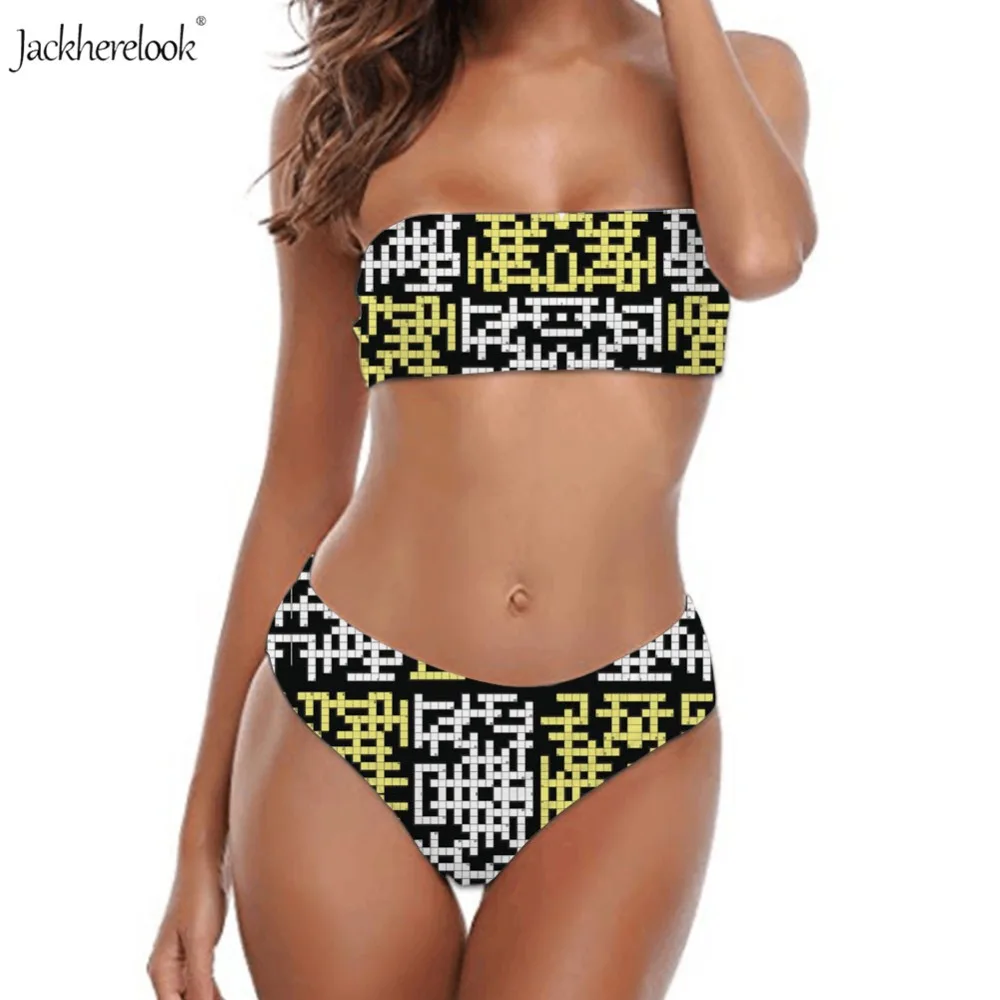

Jackherelook Sexy Women Off Shoulder Bikinis Set Crossword Puzzle Pattern Two Pieces Bandeau Swimwear Ladies Beach Bathing Suit