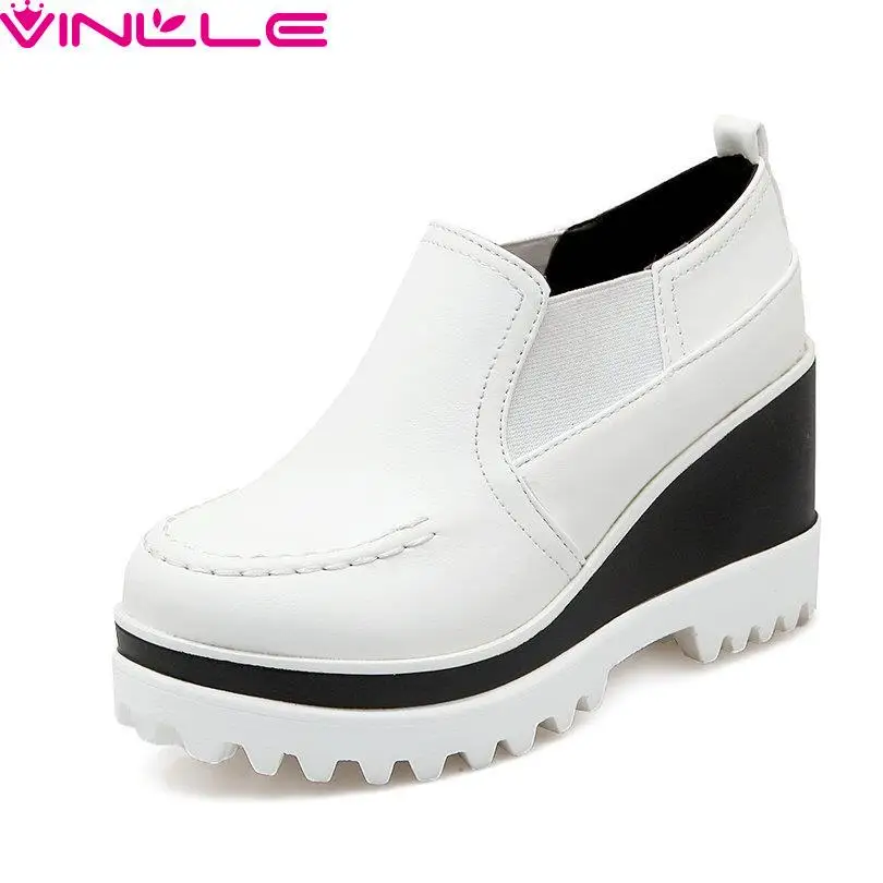 

VINLLE Slip On Round Toe Novelty Miss Shoes,Waterproof Platform PU leather Spring Autumn Women Pumps Shoes Size 34-39 White