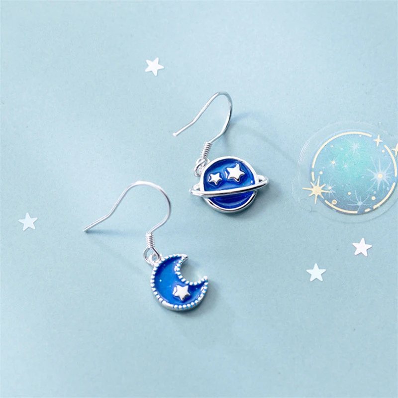 

NEWBUY Fashion Blue Painting Earring Jewelry Genuine 925 Sterling Silver Moon & Star Dangle Earrings For Women Girl Party Gift