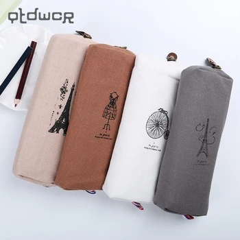 

1PC Fashion Retro Linen Pencil Bag Paris Style Stationery Storage Bag Office School Supplies 4 Color Available