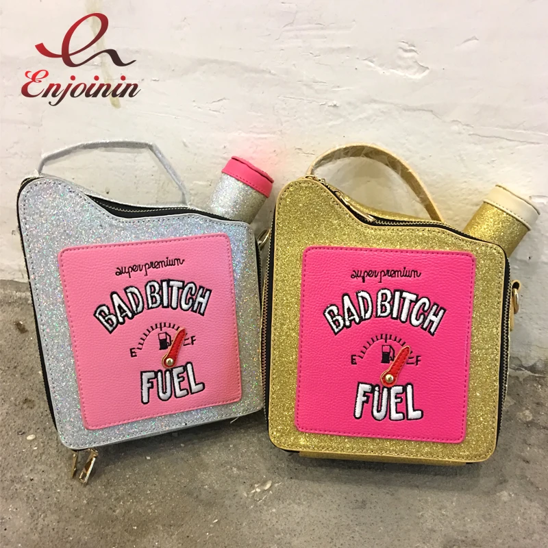 Fashion fun personality embroidery letters gasoline bottle shape bright chain handbag shoulder bag ladies purse flap