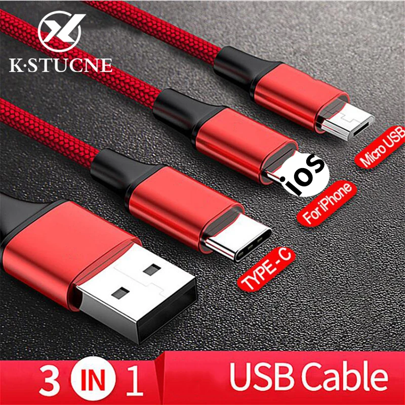 

3 in 1 USB Cable For Samsung iPhone XS 7 Huawei Charging Cord For Mobile Phone Micro USB Type C Charger Fast Data Charging Cable