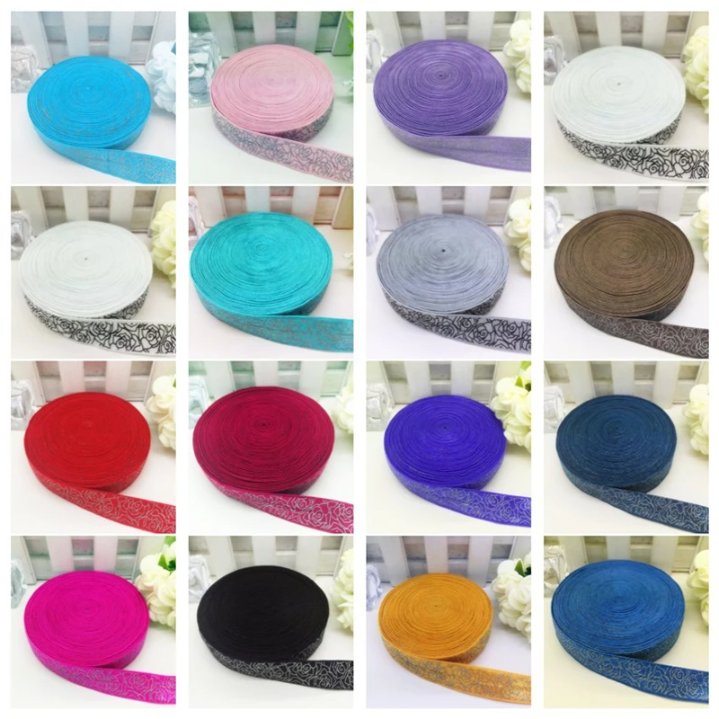 

5yards/lot 5/8" 15mm Elastic Ribbon Printing ROSE Multirole Fold Over Elastic Spandex Satin Band Ties Hair Accessories