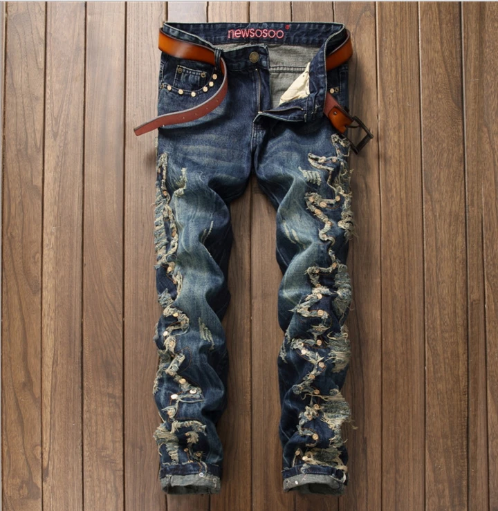 The new jeans male foreign trade Cultivate one’s morality straight men jeans Hole nailing nightclub trend of men’s jeans J010