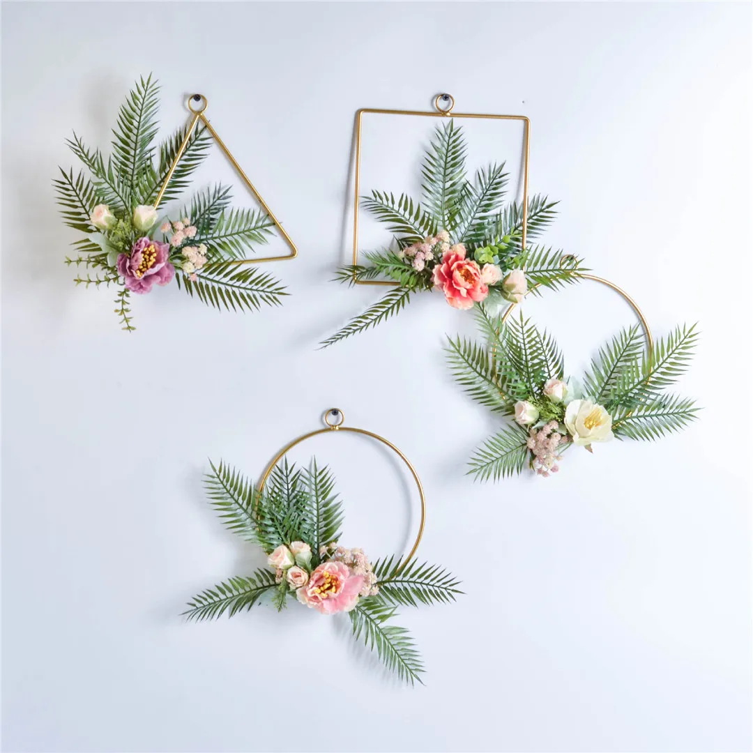 Cilected wrought iron Floral Hoop Wreaths Gold Geometric Wedding Ornaments Wall Hanging Decor Artificial Peony Flower Wreath