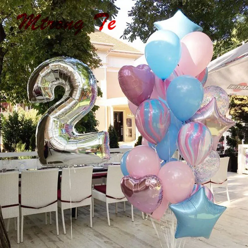 

25pcs/lot 40" Silver Number 2 Star Heart Foil Helium Balloons Baby Shower Birthday Party Decor Marble Confetti Latex Air Globos