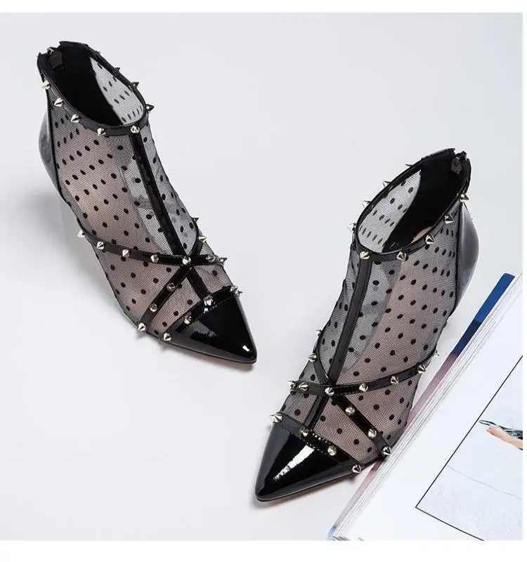 

Luxury Women Shoes Patchwork Dot Mesh Suede Upper High Heels Ladies Booties Pointed Toe Rivets Buckle Brand Zapatos De Mujer