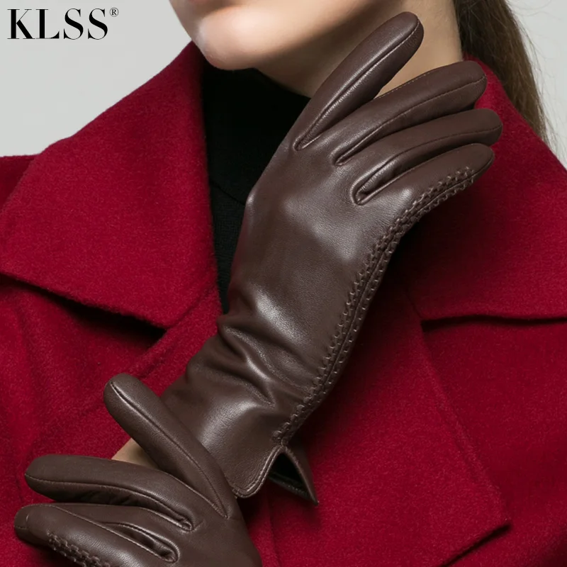 KLSS Brand Genuine Leather Women Gloves Fashion Elegant Touchscreen Goatskin Glove Autumn Winter Keep Warm Five Fingers 22