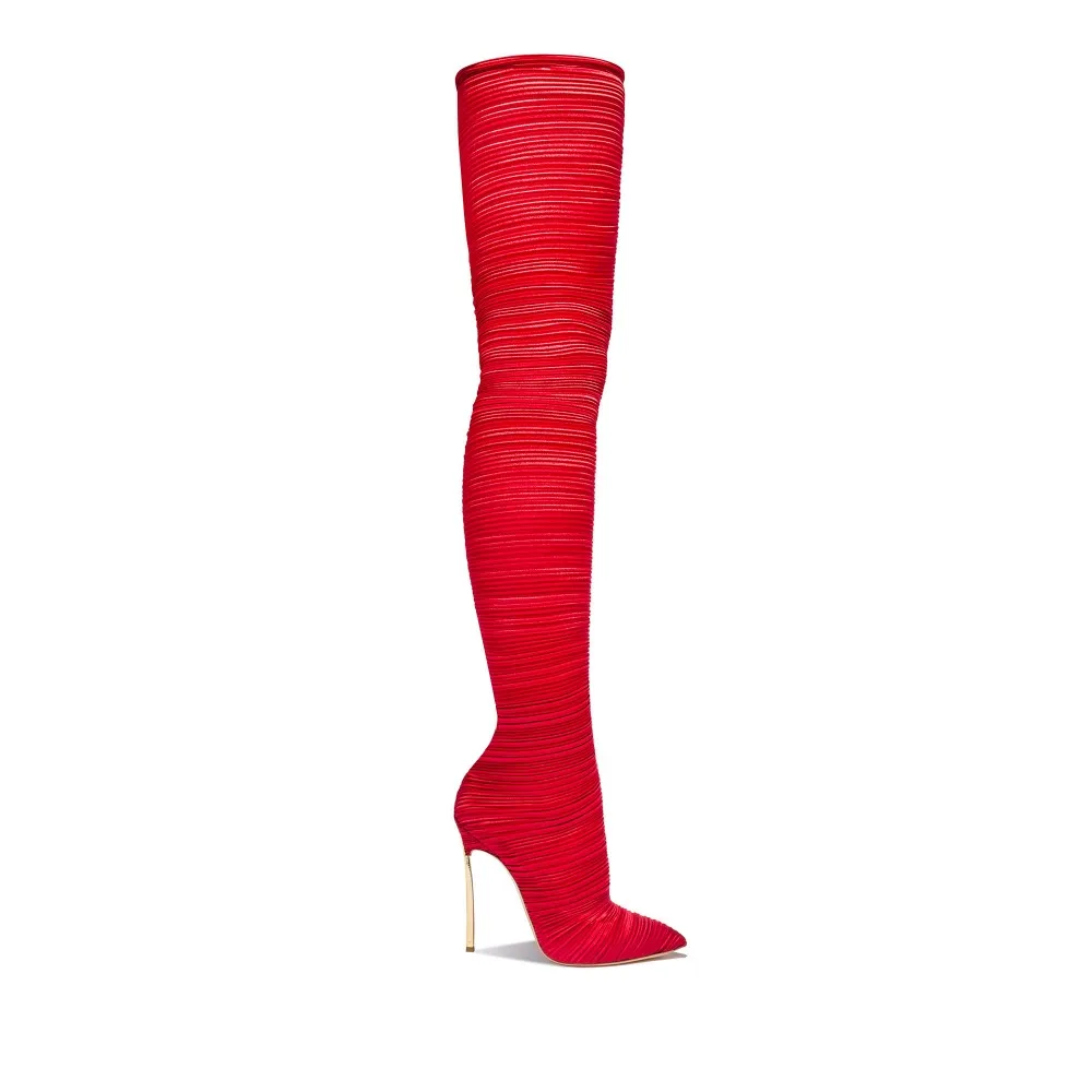 red flat thigh high boots