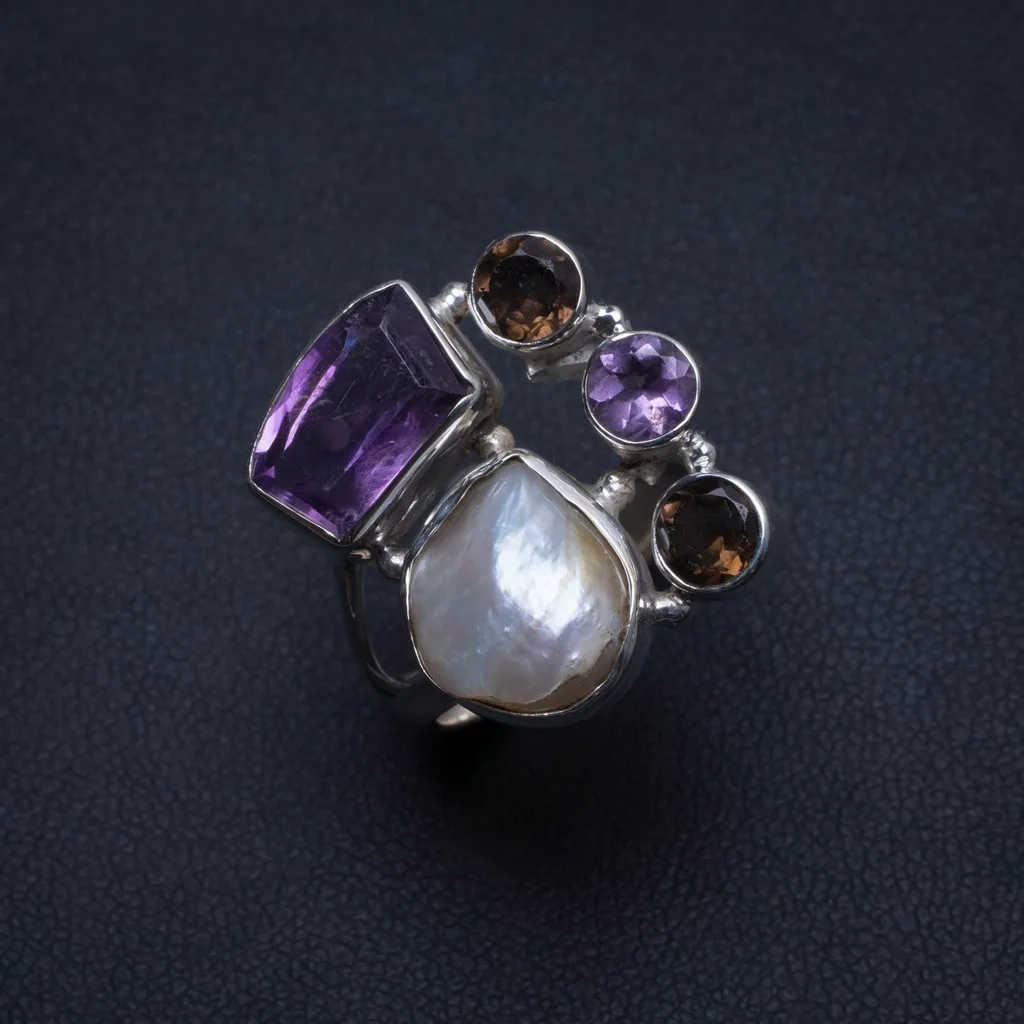 

Natural Biwa Pearl,Smoky Quartz and Amethyst Unique 925 Sterling Silver Ring, US size 7.5 T6228
