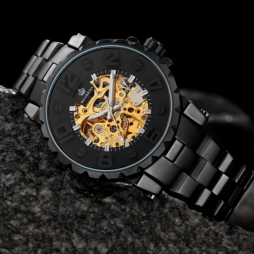 ORKINA Brand Automatic Mechanical Watches Men Luxury Gold Skeleton Black Stainless Steel Men's Automatic Self-Wind Wristwatches