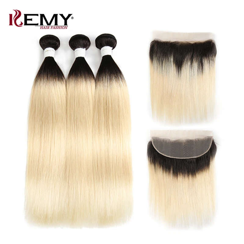 

Brazilian Straight Human Hair Bundles With Closure KEMY HAIR Dark Root Ombre Blonde Weave Bundles Non Remy Hair Extension 3/4PCS