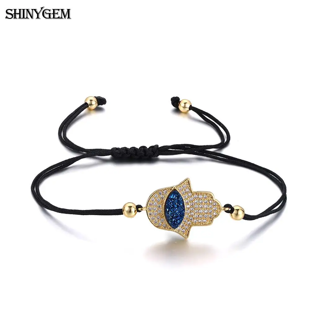 

ShinyGem Adjustable Turkish Evil Eye Charm Bracelet Handmade Black Rope Braid Bracelet Druzy Opal Amulet Bracelets For Women Men