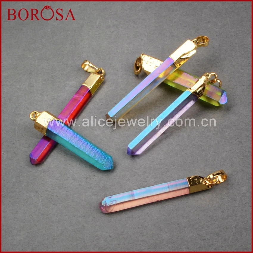 

BOROSA Natural Aura Quartz Titanium Crystal Point Pendant Druzy Jewelry Crystal Quartz Stone Bead Gold Pendant G0360