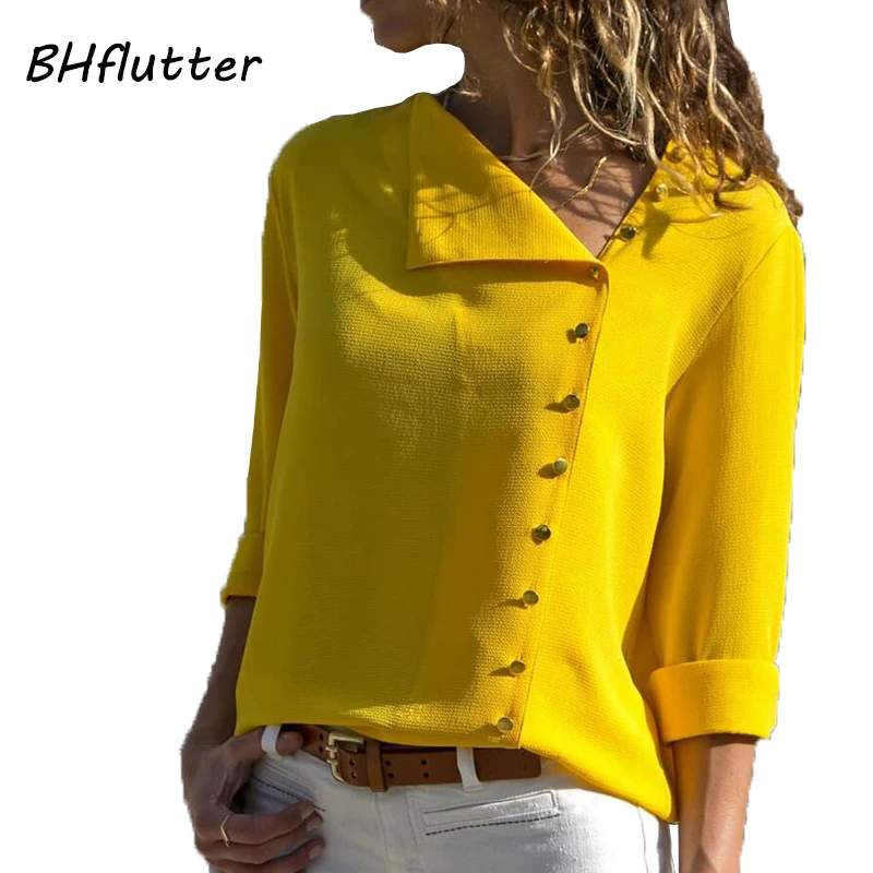 

BHflutter Womens Tops and Blouses Plus Size 2019 Casual Autumn Summer Blouse Skew Collar Ladies OL Chiffon Shirts Chemise Femme