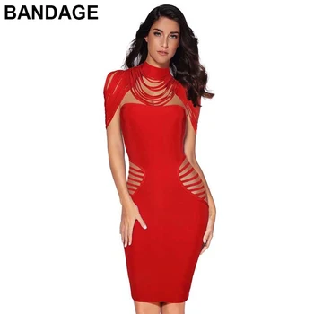 

2019 Summer Lady Cocktail Cheap Wholesale Cutout Waist Sleeveless Fringe Shoulder Turtleneck Knee High Red Bandage Bodycon Dress