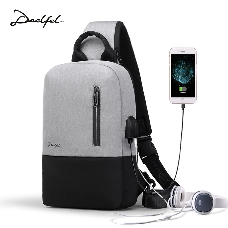 

DEELFEL 2018 New Men Crossbody Bags Casual One Single Shoulder Bag Pack Chest bags With USB Fashion Male Messenger Bags Men