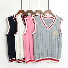 Осень Новые широкие Колледж ветер свободные v-образным вырезом без рукавов жилет свитер Для женщин Harajuku хлопок свежий сладкий вышитые свитер