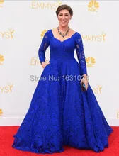 Attraktive Long Sleeve Abendkleider 2016 Trendy Spitze Blau A-Line Bodenlangen Celebrity Kleider WL050