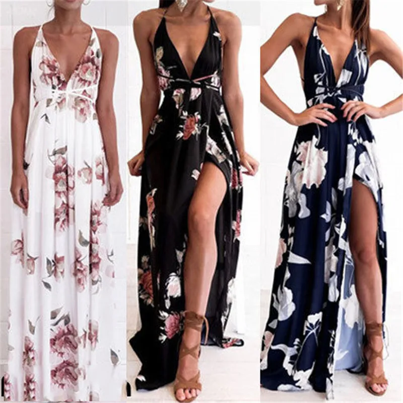 

Boho long dress women Sleeveless halter beach summer dresses Floral print Vintage chiffon beach maxi dress vestidos de festa