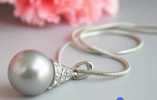 

12MM gray round south sea shell pearl chain necklace pendant AAA style Fine Noble real Natural free shipping