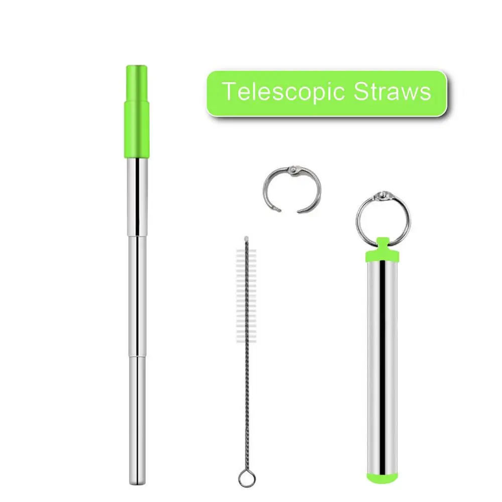 Green with Tips Многоразовые соломинки из нержавеющей стали, трехсекционная Регулируемая телескопическая прямая соломинка с чистящей щеткой для воды, кофе - Цвет: Green with Tips