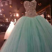 Бисера Бальное платье Quinceanera Пром Театрализованное Tull Mint Green Бисера Принцесса День Рождения Бальное платье