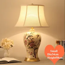 Китайский Цветок Птица Керамические маленькие настольные лампы Европейский ручной работы льняной абажур медное основание E27 Светодиодный светильник для прикроватной тумбочки и фойе MF033