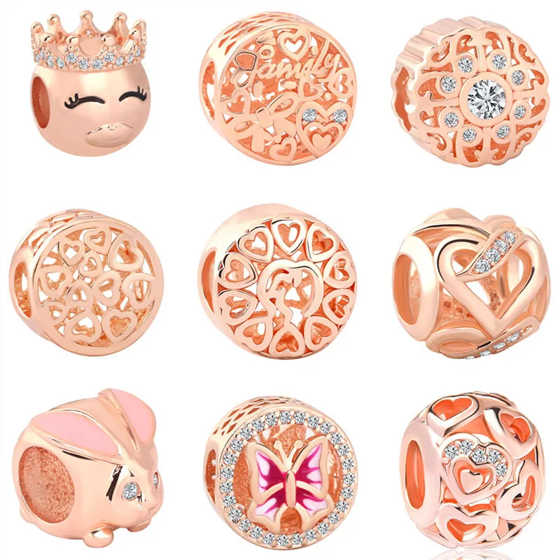 

2019 new 1pc free shipping rose pink gold flower heart bunny butterfly diy bead Fit Pandora Charm Bracelet for women F051