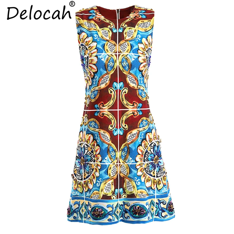 

Delocah Women Summer Dresses Runway Fashion Sleeveless Geometric Printed Crystal Beading Elegant Vintage A-Line Mini Dresses