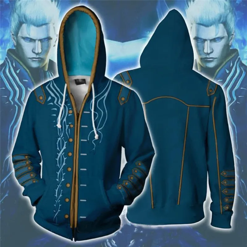 Новинка, игровые худи Vergil, толстовки для косплея, толстовки унисекс с 3D капюшоном на молнии, толстовка с полным принтом, Весенняя уличная одежда