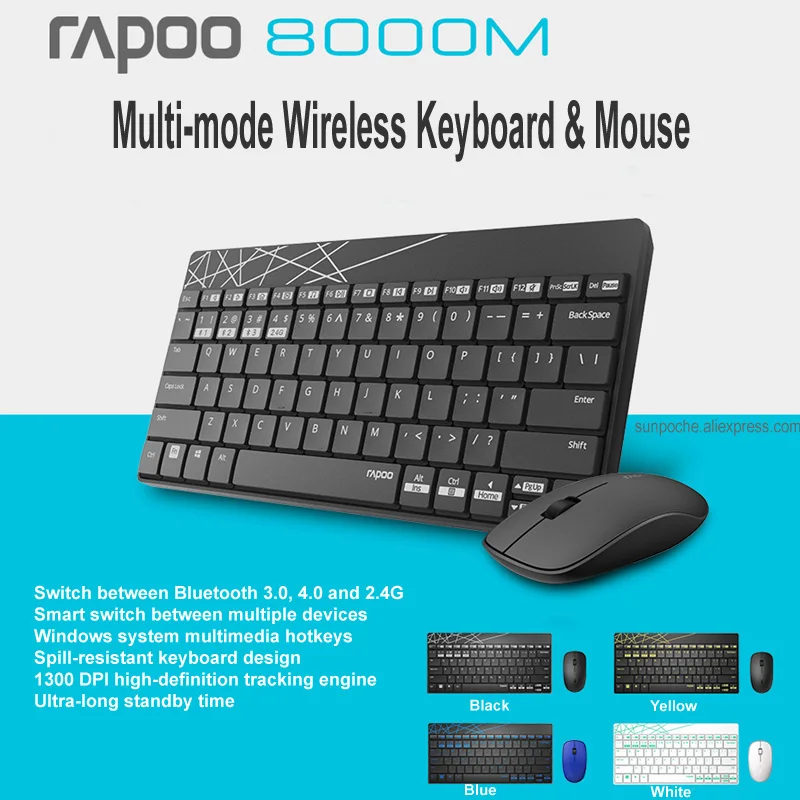 Rapoo 8000 м Multi-mode Silent Беспроводной клавиатура Мышь Combo Bluetooth 3,0/4,0 РФ 2,4 г переключаться между 3 устройств связи