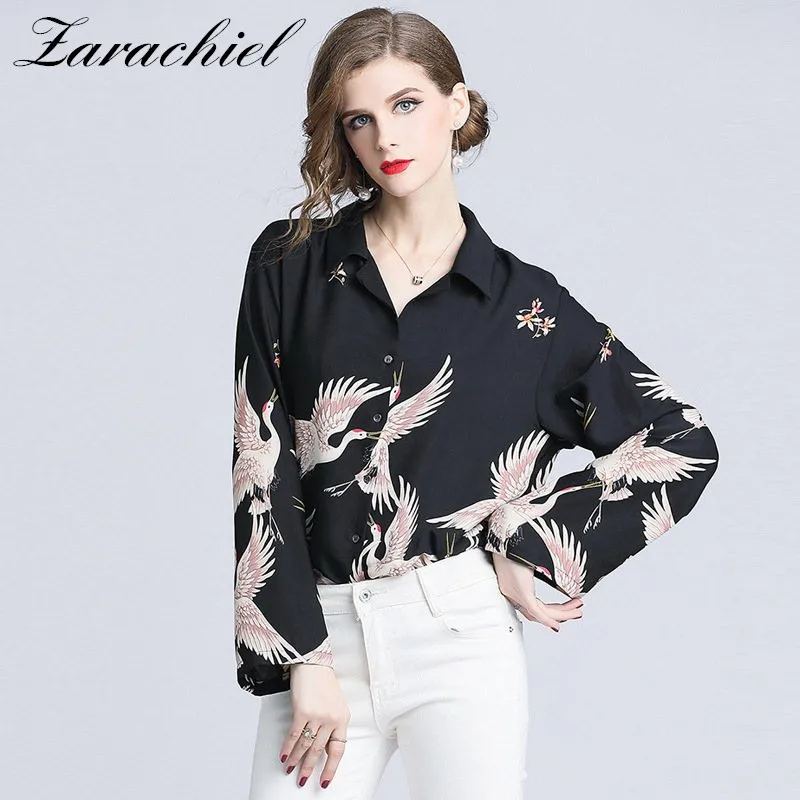 

New Fashion Red-crowned Crane Print Vintage Shirt Blouse 2019 Summer Women Long Sleeve Turn Down Collar Loose Casual Shirt Top