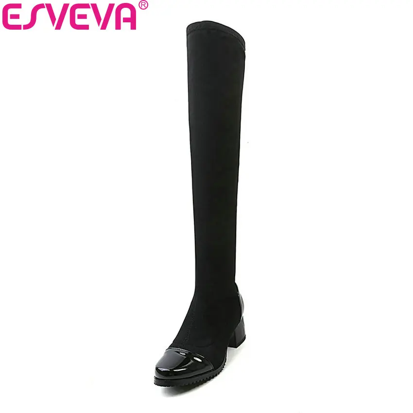 

ESVEVA 2019 Women Boots Zipper Over The Knee Boots Square High Heels Winter Shoes Patchwork Sewing Autumn Shoes Woman Size 34-43