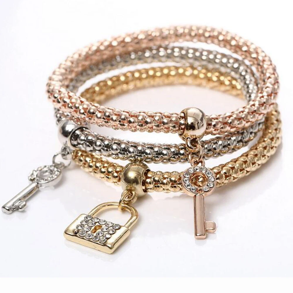 Zinc Alloy Crystal Key with Lock Pendant Bracelets Set Female Pendant