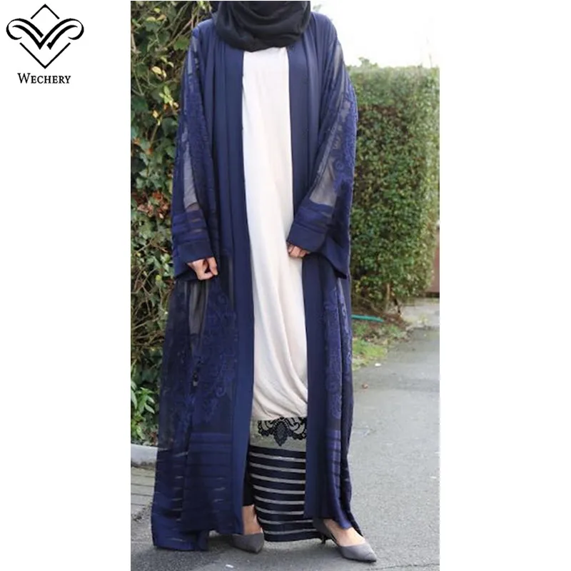 Wechery/модное кимоно abaya с кружевными вставками, Длинное свободное мусульманское платье макси, мусульманская одежда с цветочным принтом, открытая одежда, большие размеры