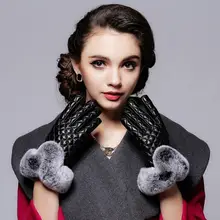 Настоящий мех кролика перчатки зимние женские сенсорный экран натуральная овчина перчатки плюс толстый бархат Велоспорт плед перчатки luvas