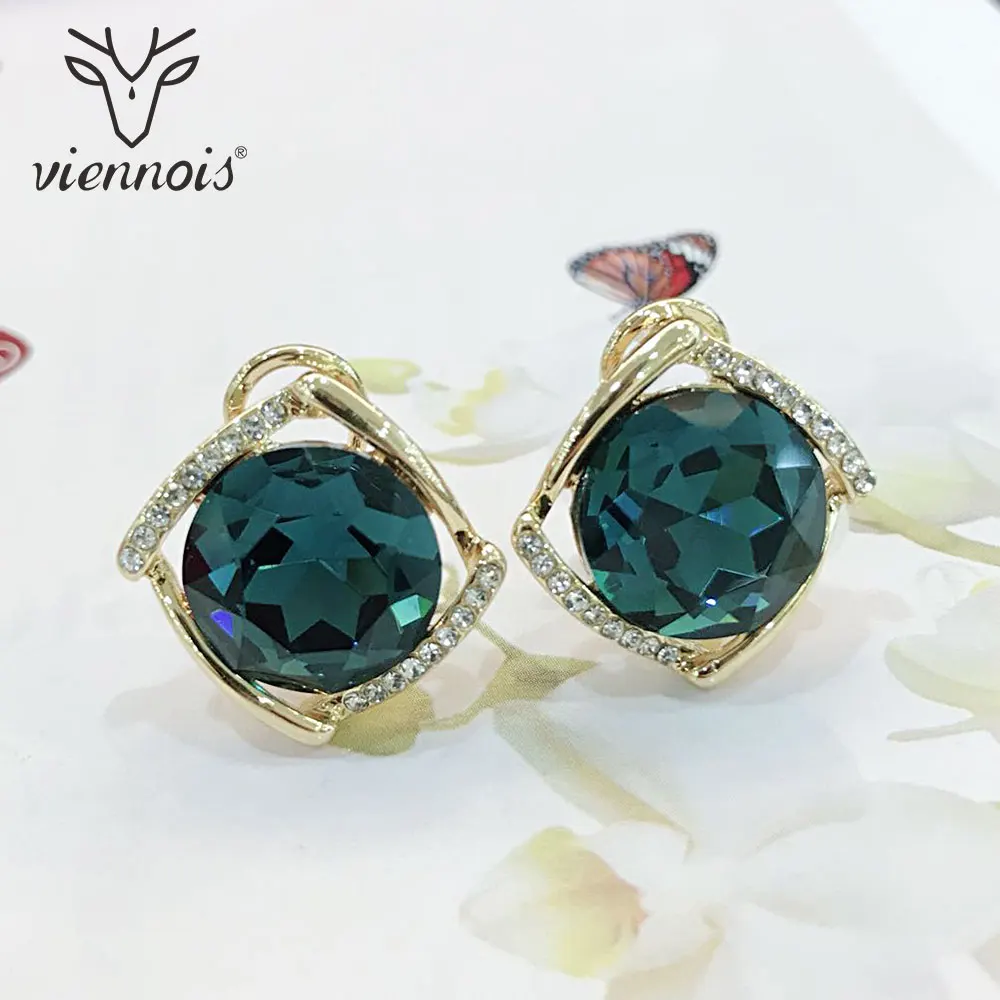 Viennois Gold Color Blue Glass Crystal Stud Square Earrings for Women Fashion Jewelry