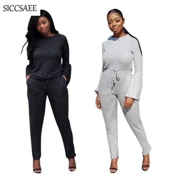 

Flare Sleeve Ruffles Crop Top Two Piece Set Women Casual Outfits Solid Color Matching Sets Fall 2018 Sweat Suit Tracksuit Loose