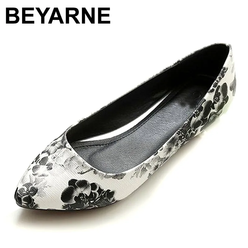 BEYARNE New Women Leather Flats High Quality Chinese Style Flower Casual Pointy Toe Basic Ballerina Ballet