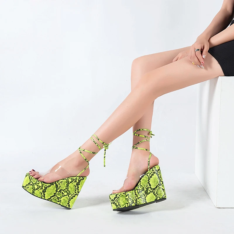 

Women Shoes Lace Up Wedges Sandals Summer Peep Toe Platform Slides Sanke Prints Cross Strap Clear Shoes Green Zapatos Mujer
