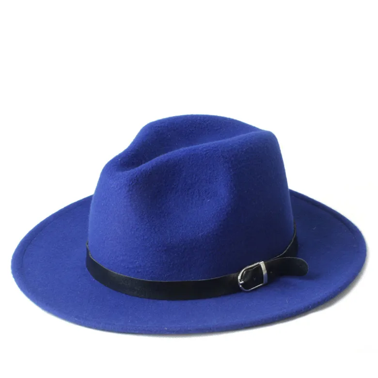 Новая мода Мужские Женские Chapeu Feminino Fedora Шляпа с широкими полями кожаный ремешок Джаз церковная Кепка Панама Федора топ шляпа от солнца 20 - Цвет: Blue