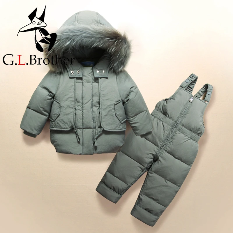 

Russian Winter Kids Snowsuit Windproof Thick Warm Baby Boys Skiing Suits Duck Down Real Fur Collar Outwear Coat+Jumpsuit Pants