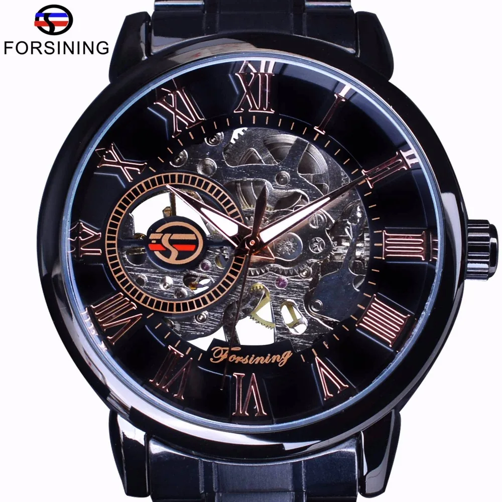 

Forsining 3D Transparent Case Retro Number Classic Design Black Stainless Steel Watch Men Luxury Brand Mechanical Skeleton Watch
