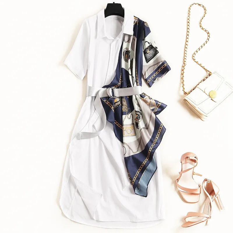 

Europe Plus Size Single-row Button Turn Collar Fashion Summer Printed Stitching 3/4 Sleeves Sashes Shirt Style Women Dress