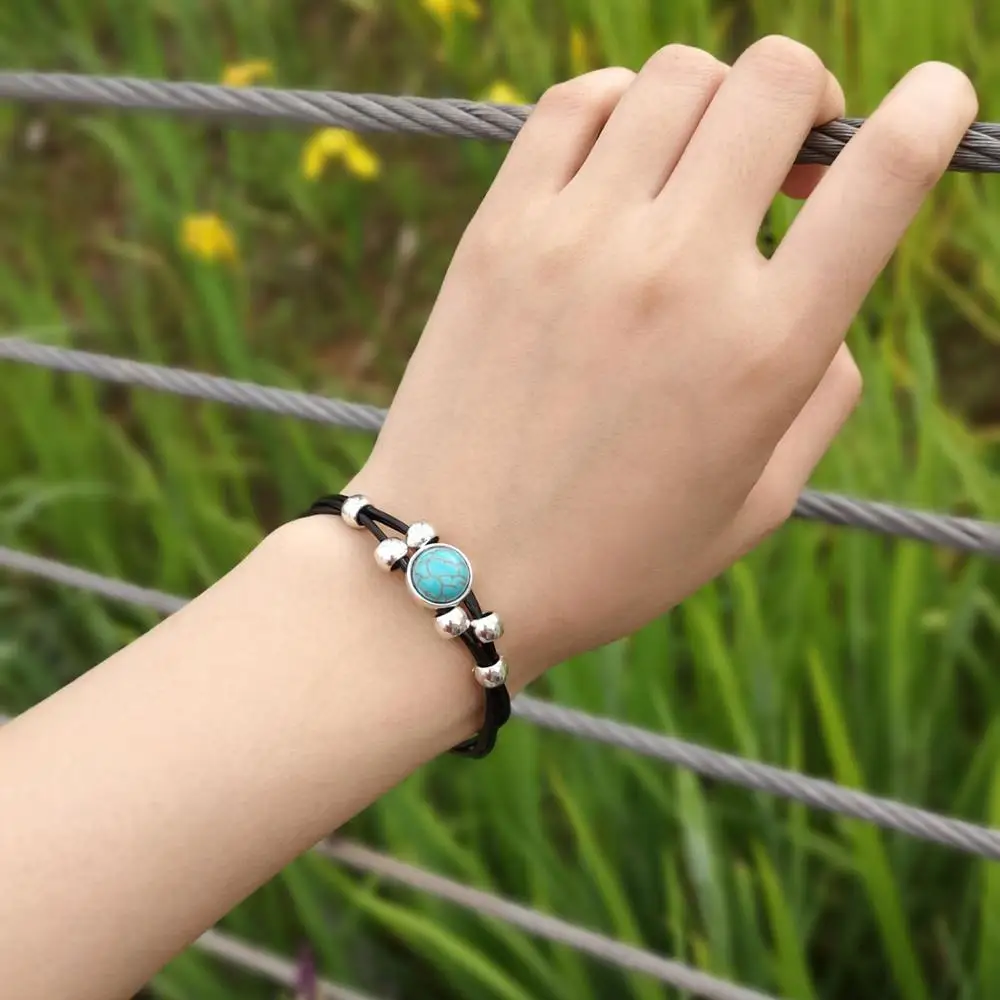 

Natural Green Stone Charm Bracelets Vintage Black Leather Wrap Bracelets Handmade Round Ball Buckle Bracelet Jewelry for Women