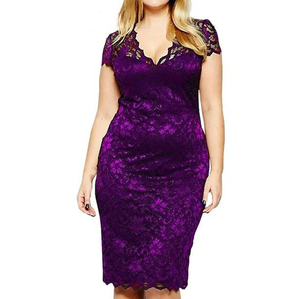 MISSOMO, женское платье, плюс размер, 5XL, кружевное, с вырезом, вечерние, короткий рукав, v-образный вырез, летнее, женское платье, фиолетовое, облегающее платье, 617