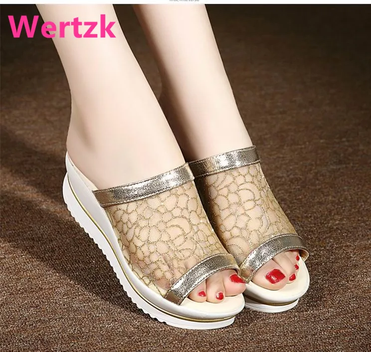 

Slipper Sandals Heels Wedges Platform Leather Peep toe Net yarn Elegant Female Sandals Ladies Mules clogs Summer Shoes S223