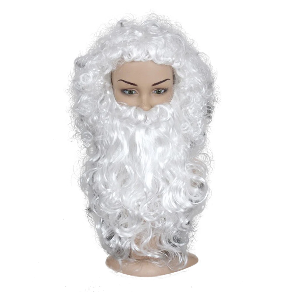 

Cheap Christmas Gift Santa Claus Wigs and Beard Synthetic Hair Curly Cosplay Wig Men Women White Hairpiece Accessories 2 Styles